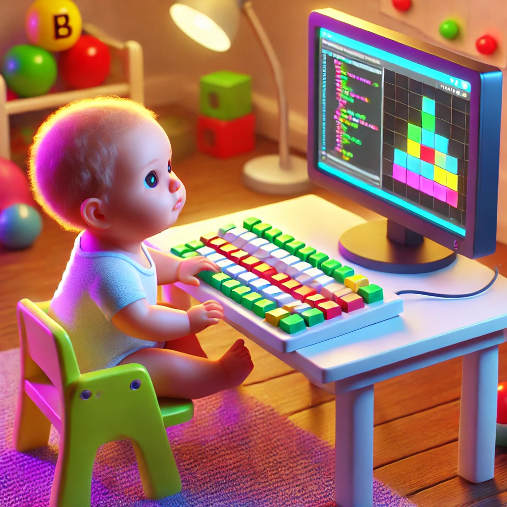 DALL·E 2025-01-07 16.54.53 – A 3D-rendered image of a baby programming a video game. The baby is sitting at a small desk with a colorful computer setup, typing on a keyboard with