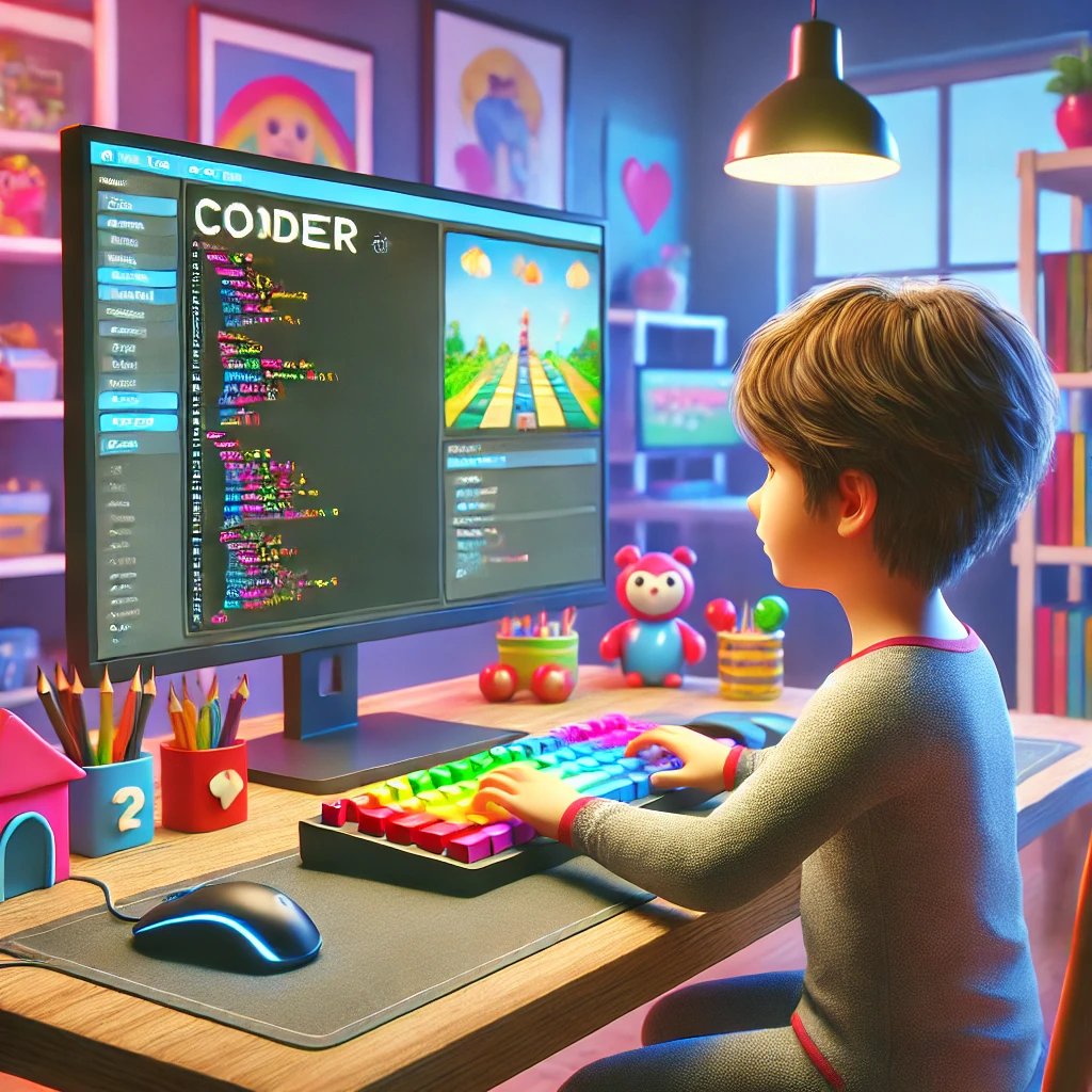 DALL·E 2025-01-07 16.57.24 – A 3D-rendered image of a child between 7 and 10 years old programming a video game. The child is sitting at a desk with a modern computer setup, typin